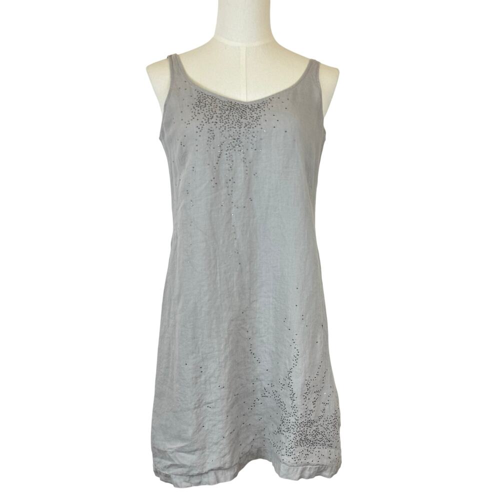 Eileen Fisher Linen Embellished Sleeveless Tank Shift Mini Dress Light Gray L